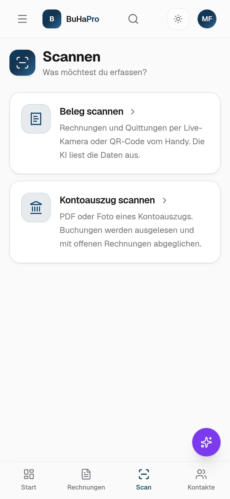 Scan-Ansicht am Telefon mit den Einträgen „Beleg scannen“ und „Kontoauszug scannen“.